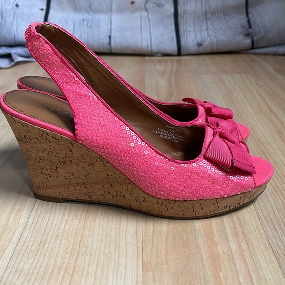 Sperry Pink Sequin Open Toe Cork Wedge Sandal Size 9.5 - Picture 3 of 6